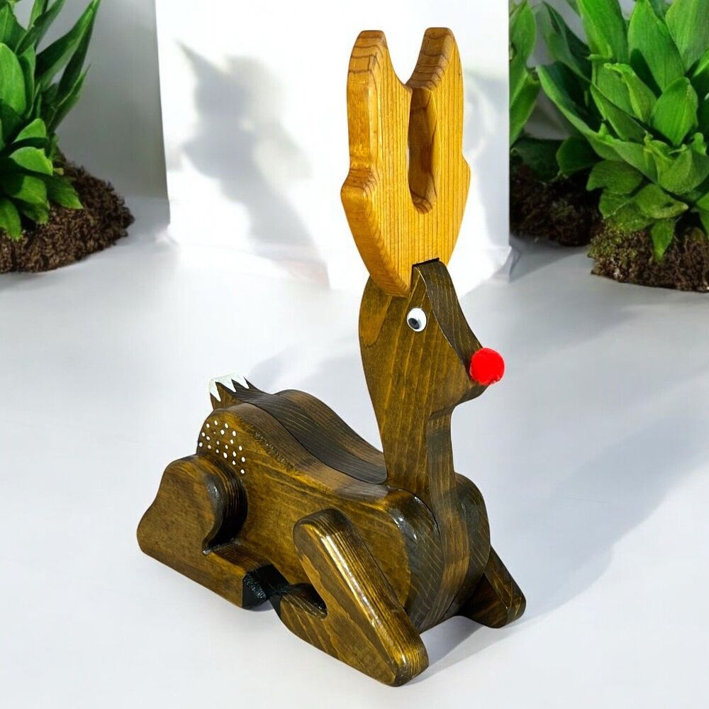 Vintage Wooden Rudolph Reindeer Handmade 11" Statue Figure Retro Christmas Decor